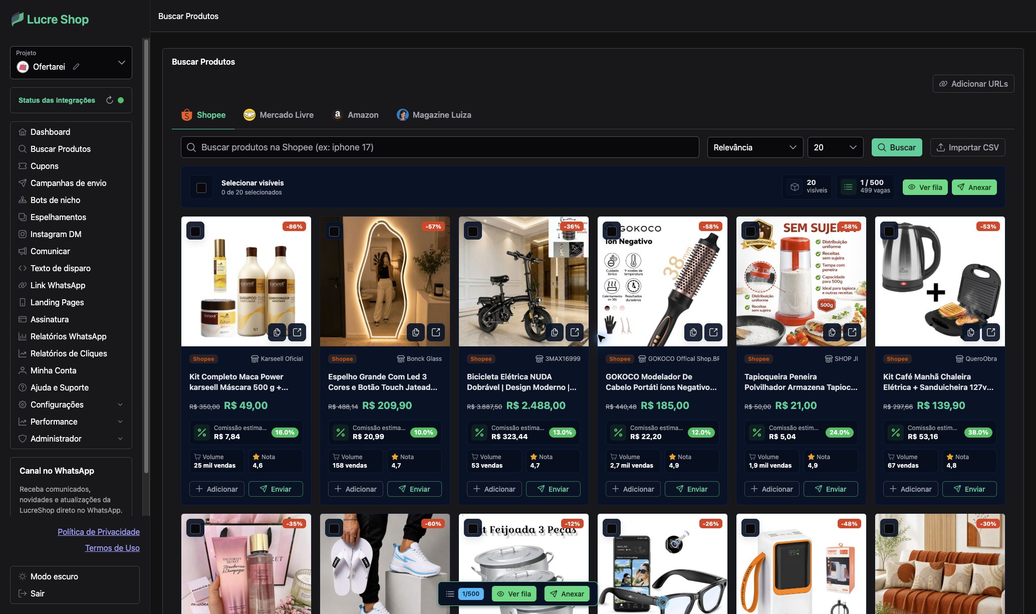 Painel da LucreShop mostrando a busca e seleção de ofertas da Shopee com preço, comissão e volume de vendas